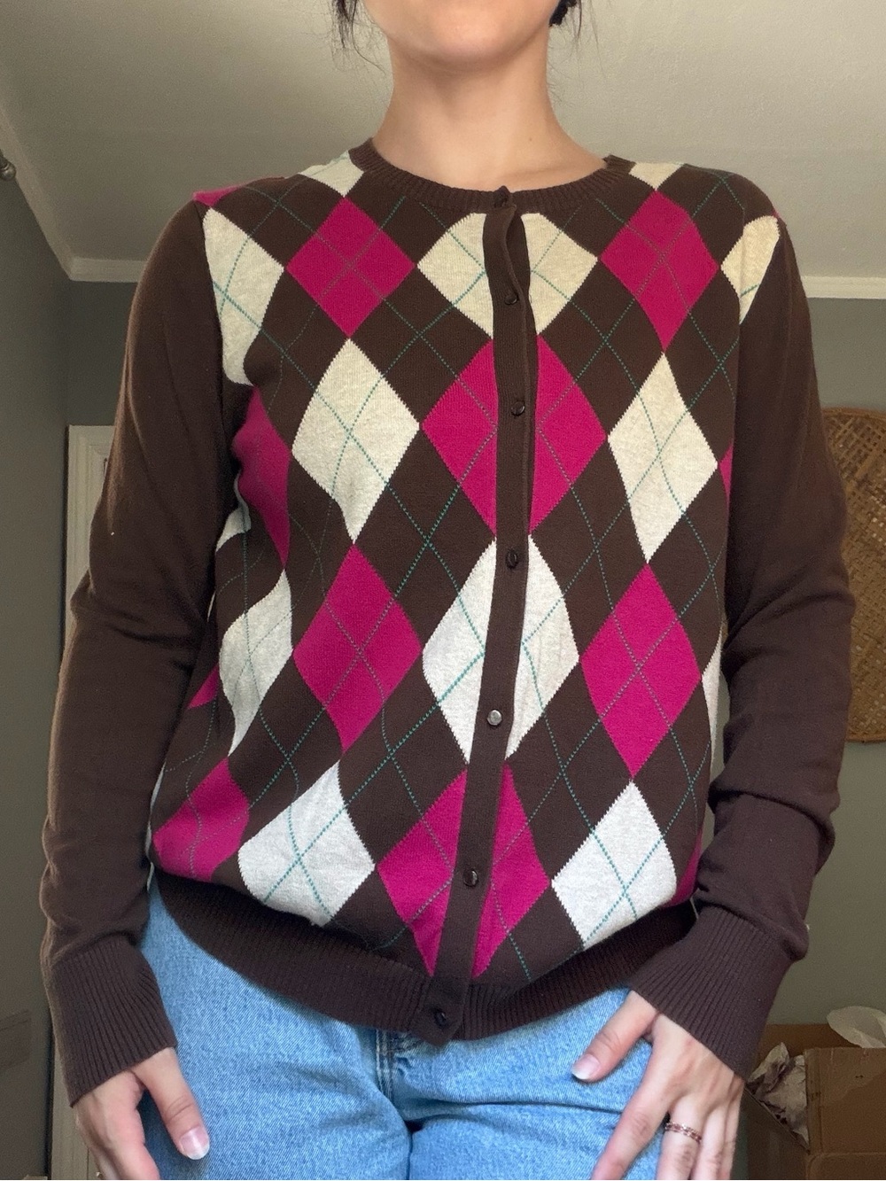 Merona Cotton Brown & Pink Argyle Button-Up Cardigan